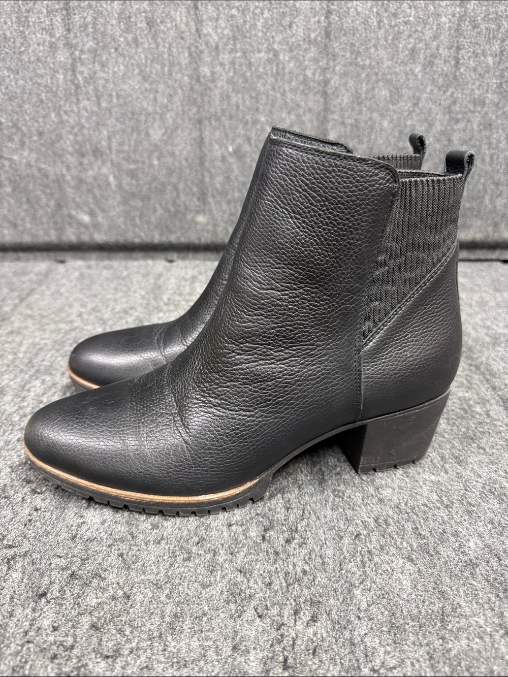 Dr. Scholl's Black Leather Ankle Booties with Lug Sole and Brown Trim - Picture 4 of 8